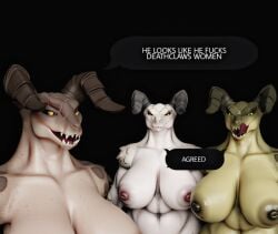 anthro areola ass big big_areola big_butt big_nipples big_tail blue_eyes breasts cleavage_cutout clothing colorful_body cutout deathclaw enclaveremant exposed_breasts fallout fallout_(series) female glistening gloves gun handwear horn huge_breasts human mommyclaw_(vulgarvictor) nipples ranged_weapon scalie sharp_tail shoulder_guards standing tail thick_thighs