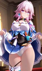 1girls ai_generated blush busty choker cute cute_face flashing honkai:_star_rail looking_at_viewer march_7th_(honkai:_star_rail) panties smile thigh_strap thighs white_panties