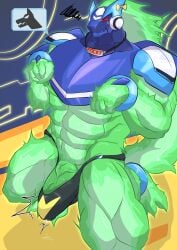 abs absurd_res alien anthro armor barazoku biceps big_bulge big_muscles bodily_fluids bulge capcom clothing cybernetics cyborg detailed_bulge em_being genital_fluids genitals geryorias green_body hi_res humanoid_genitalia humanoid_penis machine male mega_man_(series) mega_man_star_force muscular muscular_anthro muscular_male nameplate nipples omega-xis penis precum red_eyes solo tails_(disambiguation) underwear