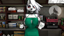 big_breasts breasts cafe clothing furry furry_only helluva_boss iced_latte_with_breast_milk long_hair loona_(helluva_boss) luciamaribela meme multicolored_fur nipples red_eyes sfm source_filmmaker starbucks text wolf