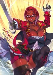 1girls blue_eyes boob_window boots brown_skin bulging_breasts choker cleavage earrings f.s. female female_only final_fantasy final_fantasy_xiv forehead_jewel frills glasses gloves large_breasts lipstick milf mole mole_on_breast mole_under_mouth pantyshot red_hair red_mage ribbons roegadyn skirt skirt_lift soothing_ruby thighhigh_boots thighhighs thunder_thighs uniform