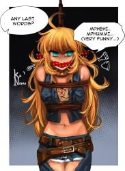 absurdres ahoge angry aqua_eyes arms_behind_back artist_name bandana bandana_over_mouth belt blonde_hair border bound brown_belt chaps choker cowboy_western crop_top cropped_legs denim denim_jacket denim_shorts english_text female frown gagged gradient_background highres jacket kaneeru long_hair looking_to_the_side midriff navel noose original red_bandana rope short_shorts shorts signature sleeveless solo speech_bubble star_(symbol) white_border winona_west