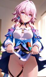 1girls ai_generated blush busty choker cute cute_face flashing honkai:_star_rail looking_at_viewer march_7th_(honkai:_star_rail) no_panties pussy smile thigh_strap thighs