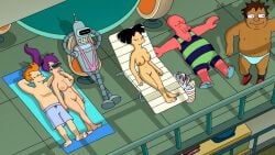 alien amy_wong bender_bending_rodriguez futurama hermes_conrad john_a._zoidberg nude_edit nude_female nude_filter philip_j_fry screencap screenshot_edit sunbathing sunglasses topless turanga_leela