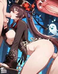 2boys ai_generated artist_name ass bead_bracelet beads bent_over black_coat black_headwear blush bottomless bracelet breasts breasts_out brown_coat brown_hair chinese_clothes clothed_female_nude_male clothed_sex coat coattails cross_section cum cum_in_pussy double_penetration ejaculation erection fellatio female flower flower-shaped_pupils from_side genshin_impact ghost group_sex hair_between_eyes hat hat_flower heart hu_tao_(genshin_impact) internal_cumshot jewelry large_breasts long_hair long_sleeves medium_breasts mmf_threesome multiple_boys multiple_rings nipples open_mouth oral penis plum_blossoms porkpie_hat red_eyes ring sex sex_from_behind solo_focus standing standing_sex straight symbol-shaped_pupils tassel testicles thighs threesome tongue tongue_out twintails uncensored vaginal_penetration very_long_hair waifu waifuhideout