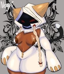 absurd_res arc_system_works blazblue breasts breasts_out cat_ears catgirl dark-skinned_female dark_skin fecharis feline female hoodie kaka_(blazblue) large_image mask masked masked_female neyusleep red_eyes sharp_teeth taokaka