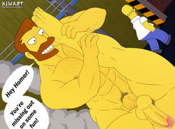 3boys abs anal_penetration anal_sex balding balls bara beard brown_hair chest_hair clothed_male_nude_male english_text erect_nipple erect_while_penetrated erection exposed_nipple facial_hair gay gay_sex hank_scorpio head_out_of_frame homer_simpson kiwart leg_held_up legs_held_open male male_only mustache nude nude_male pecs penis penis_size_difference piledriver_position pubic_hair retracted_foreskin sex speech_bubbles steam text the_simpsons unknown_character veiny_penis walking_away yaoi