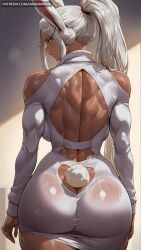 mirko 1girl solo long_hair breasts looking_at_viewer large_breasts red_eyes long_sleeves dress animal_ears bare_shoulders tail ponytail ass white_hair thighs cowboy_shot sweat shiny looking_back dark_skin from_behind white_dress rabbit_ears dark-skinned_female shiny_skin clothing_cutout muscular back rabbit_tail butt_crack rabbit_girl muscular_female heart_cutout long_eyelashes tail_through_clothes median_furrow ass_cutout my_hero_academia miruko rumi_usagiyama usagiyama_rumi boku_no_hero_academia ai_generated dandanhub