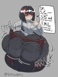1girls annoyed annoyed_expression ass ass_bigger_than_head ass_bigger_than_torso big_ass black_hair bottom_heavy bubble_butt chair cigarette clothing dialogue dotodonoto enormous_ass fat_ass female female_only gigantic_ass huge_ass hyper hyper_ass large_ass limbus_company looking_at_viewer looking_back massive_ass pants project_moon red_eyes ryoshu_(limbus_company) shirt sitting sitting_on_chair solo talking_to_viewer text thick_ass thick_thighs thunder_thighs wide_hips