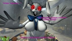 1girls anthro aquaphilia aquarium breathplay bubbles commission costume deltahooves dialogue entranced female female_only five_nights_at_freddy's five_nights_at_freddy's:_security_breach glowing_eyes implied_hypnosis looking_at_viewer rabbit_costume red_eyes scottgames sfm solo source_filmmaker swimming text underwater vanny_(fnaf) warehouse water water_tank
