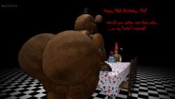 animatronic ass back_view balls bear big_ass big_butt bouncing_butt dialogue english_text five_nights_at_freddy's fnaf freddy_(fnaf) gay human inviting living_machine looking_at_another male male/male male_only muitetul robot scottgames tagme teasing text
