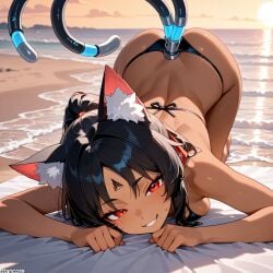 (titancore) ai_generated beach bikini_bottom bikini_top black_hair cat_ears cat_girl cat_humanoid cat_pose cat_tail curvy_figure head_markings monster_girl multicolored_tails naughty_face nekomiya_mana small_breasts tan_body tan_skin teasing_viewer thiren video_game_character zenless_zone_zero