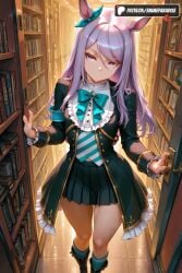 1girls 2025 ai_assisted ai_generated animal_ears anime animeprds25 aqua_bow armband artist_name black_footwear black_skirt book bookshelf boots bow bowtie ear_ribbon frilled_jacket frills hi_res high_quality high_resolution highres horse_ears horse_girl library long_hair long_sleeves looking_at_viewer mejiro_mcqueen_(umamusume) miniskirt patreon patreon_username pleated_skirt purple_eyes purple_hair ribbon skirt socks solo stable_diffusion umamusume watermark