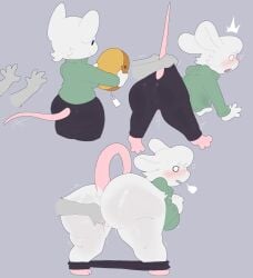 anthro anthro_focus ass biped blush bodily_fluids bottomwear bottomwear_down butt_tuft cheek_tuft cheese cheese_wheel circle_eyes closed_smile clothed clothing cloud_emanata dairy_products digital_drawing_(artwork) digital_media_(artwork) disembodied_hand duo emanata erect_tail facial_tuft feet female female_focus finger_fuck fingering fingering_partner food fur fur_tuft genital_fluids glistening glistening_butt head_tuft hi_res leggings legwear looking_at_another looking_back looking_back_at_another mammal mitzi_(snappy_snaz) mouse mouth_closed murid murine open_mouth pants pants_down partially_clothed pink_feet pink_tail pivoted_ears plantigrade price_tag rear_view rodent sequence sex simple_eyes smile snazzle_snapp solo_focus surprised sweat_emanata sweater tail tail_motion three-quarter_view topwear tuft vaginal_fluids vaginal_penetration white_body white_fur