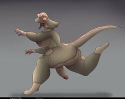 anthro big_breasts big_butt big_penis bodily_fluids breasts butt crazy_eyes curvy_figure dilophosaurid dilophosaurus dinosaur flaccid freckles genitals gynomorph hi_res intersex nipple_piercing nipples nude penis photolol.03 piercing prehistoric_species reptile riamay_(photolol.03) running saliva saurischian scalie simple_background solo theropod thick_thighs tongue tongue_out wide_hips