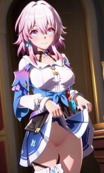 1girls ai_generated blush busty choker cute cute_face flashing honkai:_star_rail looking_at_viewer march_7th_(honkai:_star_rail) no_panties pussy smile thigh_strap thighs