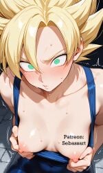 sebassart dragon_ball saiyan_female solo saiyan sexy bodysuit nipples nipple_bulge nipples_visible_through_clothing nipple_slip nipple_play erection erect_nipples blush ahe_gao blonde_hair green_eyes bodily_fluids sweat sweatdrop sweating kinky teasing mature_female ai_generated paid_reward_available patreon petite petite_body