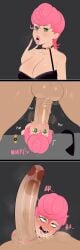 1girls after_oral big_breasts big_penis blowjob cum eyes_rolling_back face_fucking facefuck g3mma huge_penis jojo's_bizarre_adventure lipstick lipstick_on_penis pink_hair trish_una vento_aureo