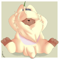 alecrc angoramon anthro balls bandai_namco digimon digimon_(species) digimon_ghost_game digital_media_(artwork) fluffy fur furry furry_only genitals hair hair_over_eyes hi_res humanoid_genitalia humanoid_penis lagomorph leporid long_ears male male_only mammal nude penis presenting presenting_penis rabbit simple_background smile solo yellow_body yellow_fur