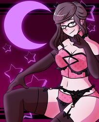 blue_eyes brown_hair danganronpa danganronpa_another earrings fanganronpa glasses gloves hoop_earrings kabuya_yoruko lingerie pink_lingerie polka_dot_bra polka_dot_panties sdra2 stockings straight_hair super_danganronpa_another_2 vvao_xxx