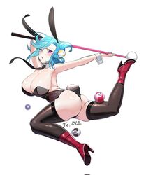 blue_eyes blue_hair bunny_costume bunny_ears bunny_tail bunnysuit chiebukuro_setsuka cleavage danganronpa danganronpa_another fanganronpa heterochromia high_heels large_ass large_breasts purple_eyes sdra2 smooth_skin stockings super_danganronpa_another_2 thick_thighs thighhighs