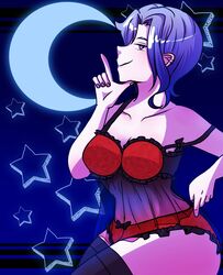 blue_hair chiebukuro_setsuka danganronpa danganronpa_another earrings fanganronpa lingerie purple_eyes red_lingerie sdra2 short_hair straight_hair super_danganronpa_another_2 thighhighs vvao_xxx