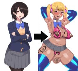 1futa 1girls armpit_stubble ass_expansion before_and_after belt_skirt beltskirt bimbo bimbofication breast_expansion clothed clothing dark-skinned_futanari dark_skin darkness_chaicha degradation dialogue female fully_clothed futanari futanari_transformation growing_armpit_hair growing_pubic_hair gyaru hraf8mvqvxzvago huge_ass huge_breasts human humiliation light-skinned_female light_skin microskirt nipple_cutout nude pale_skin personality_change plump pussy_cutout slutty_outfit standing tan text thick_thighs transformation weight_gain what wide_hips