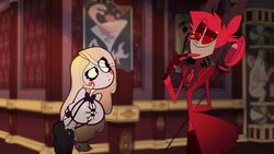 alastor_(hazbin_hotel) bowtie charlie_morningstar_(hazbin_hotel) clothing edit female feversfm hazbin_hotel huge_breasts male male/female neckwear screencap screenshot screenshot_edit straight_hair tagme tuxedo