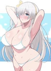 1girls anastasia_(fate) armpits arms_behind_head arms_up bangs bare_shoulders bikini blue_eyes blue_sky blush breasts cleavage collarbone fate/grand_order fate_(series) hair_over_one_eye hairband highres large_breasts long_hair looking_at_viewer navel open_mouth silver_hair sky swimsuit very_long_hair wagokinesis wet white_bikini