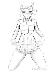 alien alien_girl antennae ass_visible_through_thighs blush deareditor eyeshadow fortnite fortnite:_battle_royale freckles heart joey_(fortnite) lipstick midriff_baring_shirt monochrome navel no_panties on_knees petite pussy school_uniform schoolgirl short_hair sketch skirt skirt_lift small_breasts thighs tie white_background