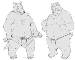 2021 anthro belly blush bulge canid canine canis clothing duo genitals hi_res humanoid_genitalia humanoid_hands humanoid_penis kemono male male/male mammal monochrome moobs moujya navel nipples overweight overweight_male penis pubes simple_background underwear ursid wolf