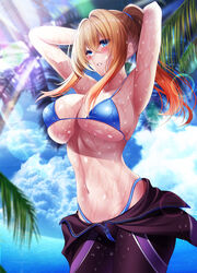 armpits arms_up bangs bikini blue_bikini blue_eyes blue_sky bodysuit breasts cleavage cloud commentary_request commission crossed_bangs day female female hair_between_eyes highleg highleg_bikini highres large_breasts lens_flare long_hair navel ocean orange_hair original outdoors palm_tree parted_lips ponytail sideboob sidelocks skeb_commission sky solo sunlight swimsuit teeth tree underboob wet wetsuit yuuzuki_hijiri