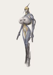 absurd_res android areola barcode big_breasts breasts covered_eyes exposed_breasts female genitals gun haydret hi_res huge_breasts humanoid machine mesa_(warframe) nipple_chain nipple_piercing nipples not_furry piercing pussy ranged_weapon robot simple_background solo standing video_games warframe weapon white_body