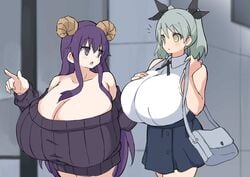 2girls big_breasts breasts busty character_request city cleavage clothed clothed_female clothing dark-skinned_female enormous_breasts female female_only fully_clothed futaba_(sabonbold) huge_breasts human humanoid hyper hyper_genitalia light_skin multiple_females non-nude oc original_character pale_skin public sabonbold standing tagme