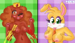 2girls adventure_time anthro anthrofied blush_stickers brown_eyes brown_fur bunnie_rabbot canine carrot crossover crown dog eyelashes female female_only food food_between_breasts furry furry_only green_eyes hot_dog_princess ketchup large_breasts medium_breasts mustard pawpads pgm-m rabbit sexually_suggestive sonic_(series) sonic_satam tan_fur wink