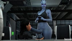 3d 3d_(artwork) :>= asari ashley_williams ball_fondling banap big_balls black_hair blender blowjob_face blue_penis blue_skin blushing comic comic_page cupping_balls dialogue english_text fellatio fidget fidgeting flustered futanari holding_balls huge_cock intersex just_the_tip liara_t'soni looking_away looking_up mass_effect no_nut_november on_knees oral precum pseudo_hair rugged_penis sagging_balls sci-fi science_fiction scifi shy subtitled sucking_tip text thick_penis veiny_penis