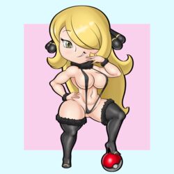 1girls big_breasts blonde_hair breasts chibi chibi_cynthia cynthia_(pokemon) eye_contact female hair_ornament long_hair looking_at_viewer nintendo pokemon pokemon_bdsp pokemon_dppt sleepiitreat smaller_female solo standing thick_thighs thighs wide_hips