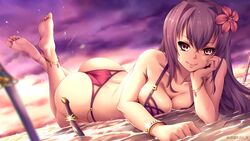 1girls ass bangs barefoot beach bikini breasts busty child_bearing_hips curvaceous curvy fate/grand_order fate_(series) female_ass flower flower_in_hair hair hair_between_eyes hair_ornament huge_ass huge_breasts inviting looking_at_viewer queasy_s scathach_(fate) scathach_(swimsuit_assassin) seductive seductive_smile smile solo solo_female suggestive tagme thick_thighs voluptuous water wet_breasts