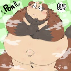 ! 2021 ? absurd_res anthro balls belly big_balls blush bodily_fluids brown_body canid canine foreskin genitals hi_res huge_balls humanoid_hands hyper hyper_balls hyper_genitalia kemono leaf male mammal navel obese obese_male overweight overweight_male penis poketalesof raccoon_dog sad solo tanuki tears