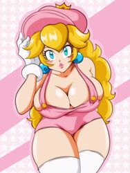 1girls big_breasts blonde_hair blue_eyes blush breasts cleavage clothing crown female female_focus female_only gloves hat large_breasts long_hair looking_at_viewer mario_(series) nala1588 no_bra overalls pink_background princess_peach skindentation solo solo_female standing thick_thighs thighhighs thighs watermark