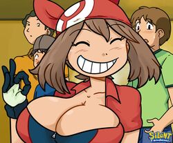 1girls 3boys alternate_breast_size bandana being_watched big_breasts breasts brown_hair cleavage closed_eyes female gloves happy huge_breasts large_breasts may_(pokemon) nintendo pokemon pokemon_rse silenttandem smile tight_clothing upper_body