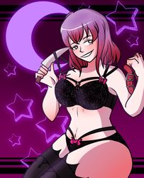 black_lingerie collar danganronpa danganronpa_another fanganronpa knife large_breasts lingerie otonokoji_kanade pink_eyes pink_ribbon purple_hair sdra2 short_hair stockings straight_hair super_danganronpa_another_2 thick_thighs vvao_xxx