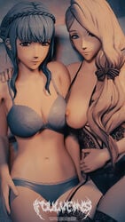 2girls 3d bangs black_panties blonde_hair blue_eyes blue_hair blue_panties bra breasts breasts_out brown_eyes female_only fire_emblem fire_emblem:_three_houses foulveins garter_belt hair_over_shoulder hand_around_neck hand_on_shoulder light_blue_hair lingerie long_hair looking_at_viewer marianne_von_edmund medium_breasts mercedes_von_martritz multiple_girls nightgown nintendo nipples one_breast_out panties short_hair side_ponytail smile source_smaller underwear