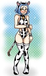 blue_hair blush cow_ears cow_girl cow_horns cow_print cow_tail cowbell danganronpa danganronpa_another fanganronpa female iranami_satsuki raydeluxxxe straight_hair yellow_eyes