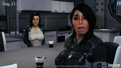 2girls 3d 3d_(artwork) ashley_williams banap being_watched big_lips black_hair blender cock_hungry comic comic_page daydream daydreaming dialogue drool drooling female femsub horny horny_female lips looking_at_penis mass_effect miranda_lawson no_nut_november open_mouth penis_awe sci-fi science_fiction scifi subtitled text tongue_out