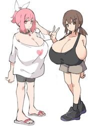 2girls barely_contained big_breasts breast_squish breasts cleavage clothed clothed_female enormous_breasts female female_only huge_breasts human multiple_females non-nude oc sabonbold sideboob small_but_busty standing tagme tank_top v_sign