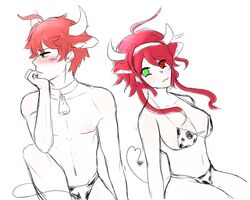 1boy 1boy1girl 1girls ahoge akagi_hiroto brave_danganronpa:_coward's_paradise brown_eyes cleavage cow_bikini cow_boy cow_ears cow_horns cow_tail cowbell danganronpa fanganronpa green_eyes heterochromia hibana_anko red_eyes red_hair smooth_skin