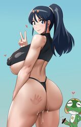 1boy 1girls 2022 after_sex aki_hinata alien ass blue_background blue_eyes blue_hair breasts censored censored_penis crop_top cum cum_in_pussy cum_inside erect_nipples erect_nipples_under_clothes female green_skin hand_print hand_print_on_ass hips huge_ass huge_breasts interspecies keroro keroro_gunsou kunaboto larger_female lipstick_mark long_hair male nipples panties peace_sign penis puffy_nipples simple_background size_difference slap_mark slim_waist smaller_male spank_marks spanked thick_thighs thighs thong underboob venus_body wide_hips