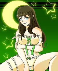 brown_hair choker danganronpa danganronpa_another fanganronpa green_eyes green_ribbons lingerie long_hair nijiue_iroha sdra2 straight_hair super_danganronpa_another_2 thigh_band vvao_xxx white_lingerie