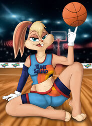 anthro basketball basketball_court bedroom_eyes biceps blonde_hair blu_zer0 calves feet furry gloves lola_bunny rabbit rabbit_ears rabbit_girl rabbit_humanoid shorts space_jam spandex spread_legs tank_top thighs